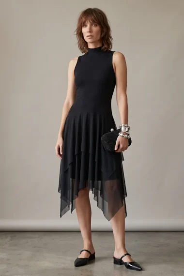 Vestido de tule manga cavada assimétrico /468PTO