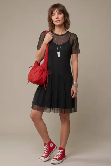Alternative view of Vestido de tule com decote redondo e mangas bufantes /471PTO