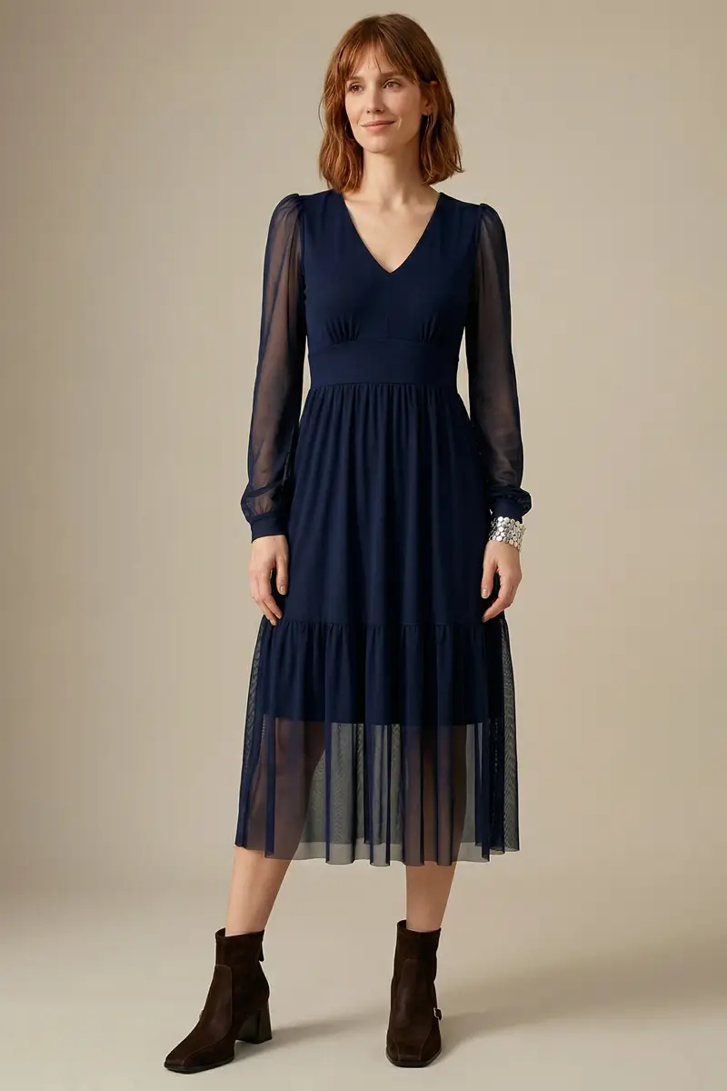 Vestido decote V e manga bufante /492AZ1