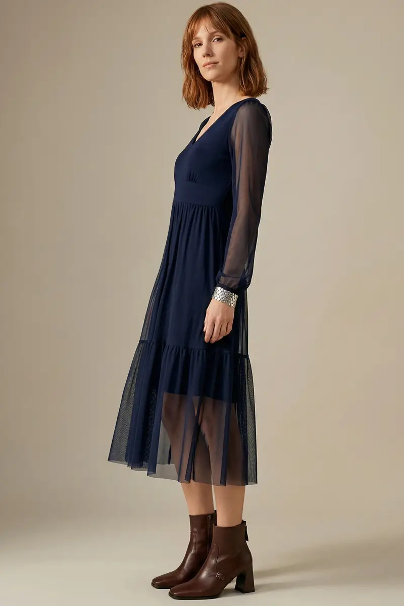 Vestido decote V e manga bufante /492AZ1 - Imagem 2