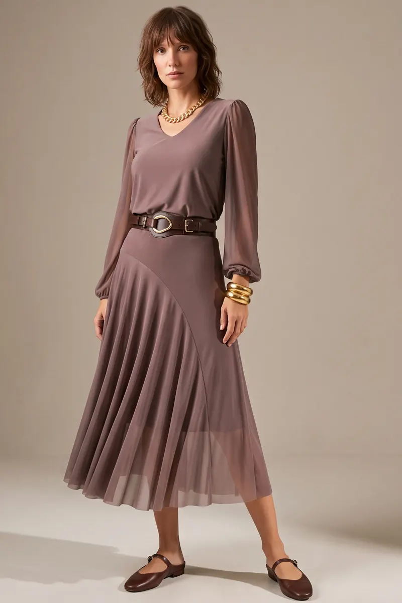 Conjunto blusa decote V e saia godê /163CJO - Imagem 2