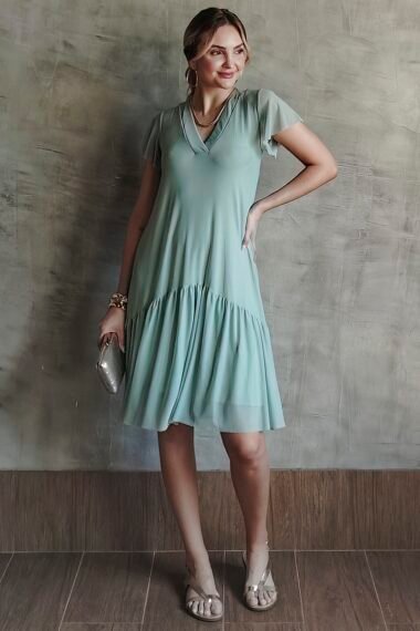 Vestido de tule decote V e manga godê /481AGU