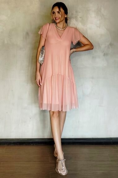Vestido de tule decote V e manga godê /481ANT