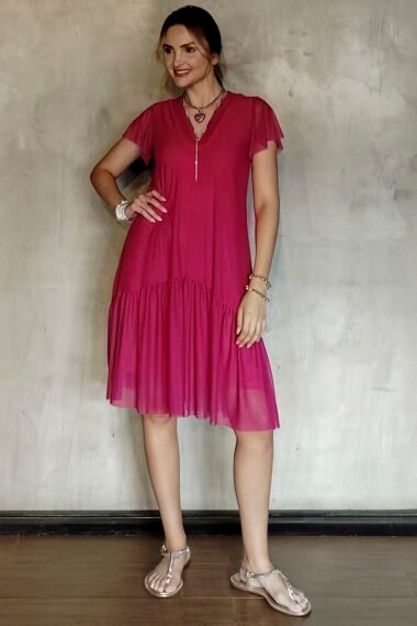 Vestido de tule decote V e manga godê /481PIT
