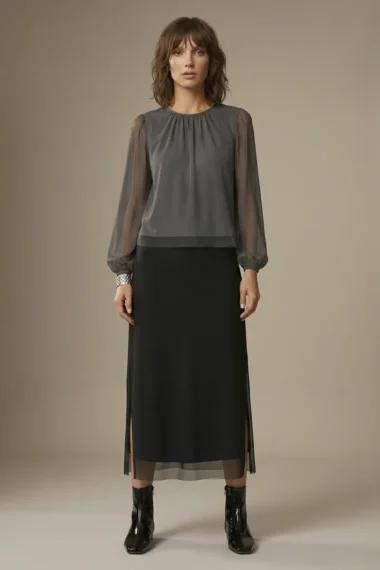 Blusa de tule com decote franzido /445CIN