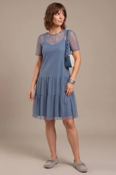 Vestido de tule decote redondo e manga curta /471AES
