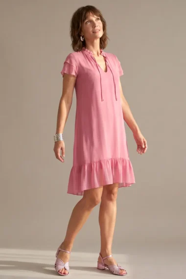 Vestido de tule corte evasê, e mangas duplas com babado /472ROS